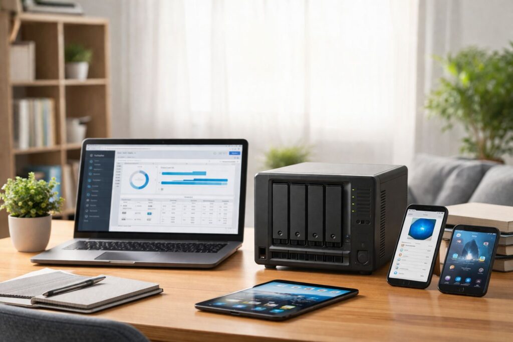 家庭和小团队使用的NAS设备示意图,展示多盘位存储和多设备共享,突出安全备份与隐私管理概念。
