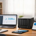 家庭和小团队使用的NAS设备示意图，展示多盘位存储和多设备共享，突出安全备份与隐私管理概念。