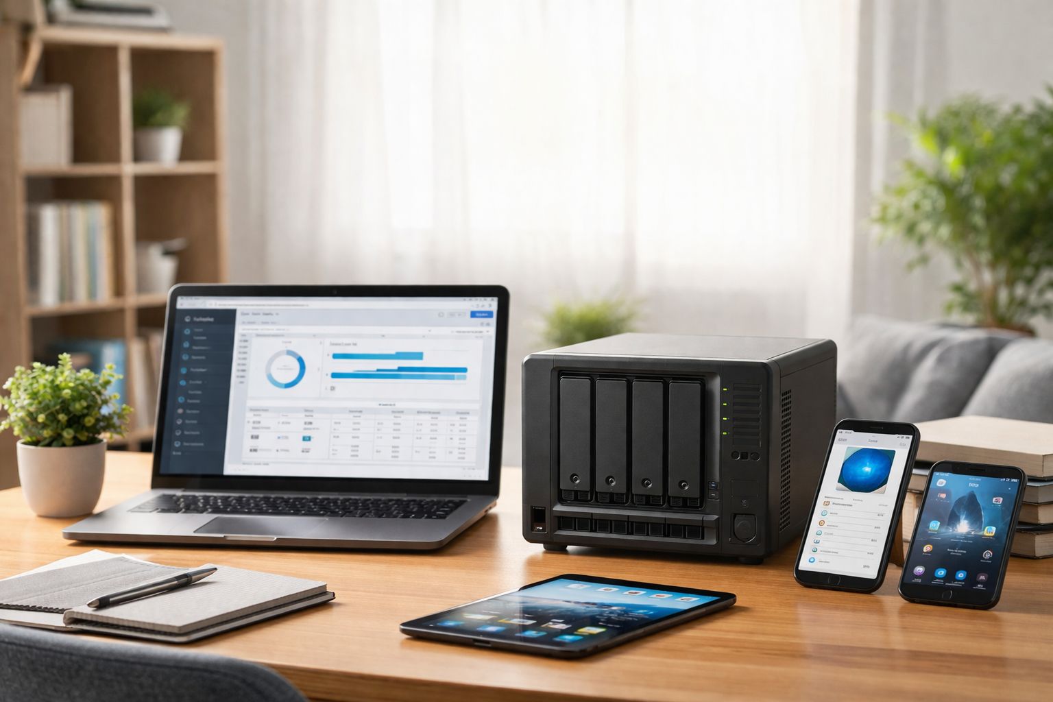 家庭和小团队使用的NAS设备示意图,展示多盘位存储和多设备共享,突出安全备份与隐私管理概念。