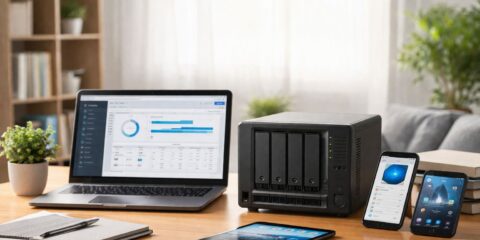 家庭和小团队使用的NAS设备示意图，展示多盘位存储和多设备共享，突出安全备份与隐私管理概念。